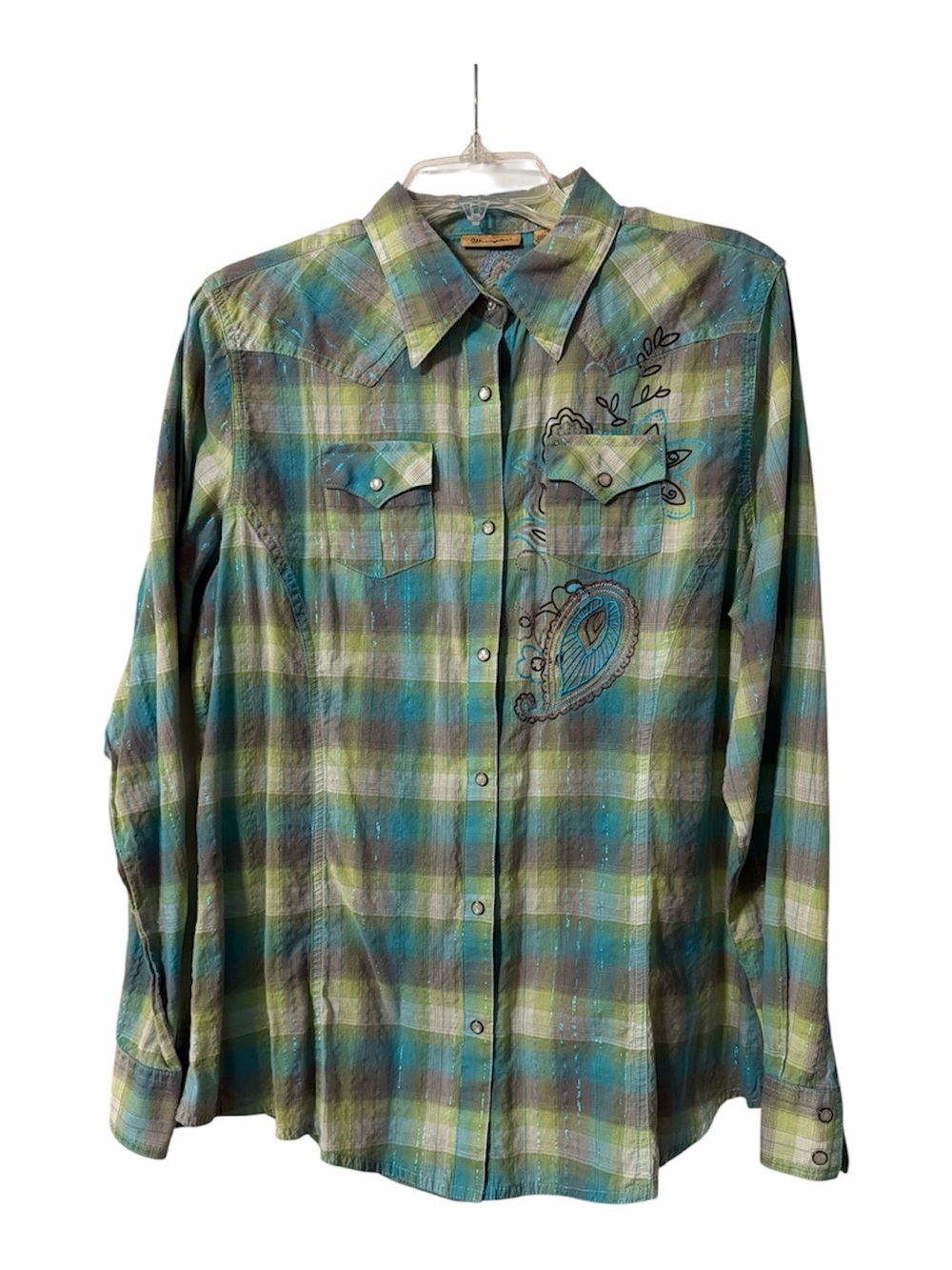 Wrangler Teal and Green Plaid Western Shirt with Embroidery